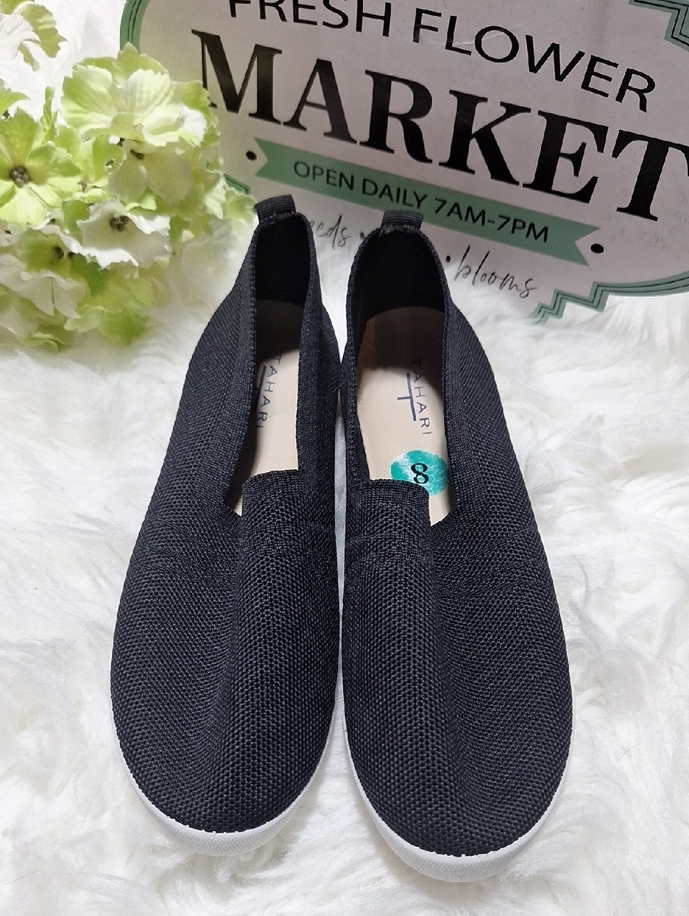 Tahari Black Knit Slip-On Sneakers with White Sole